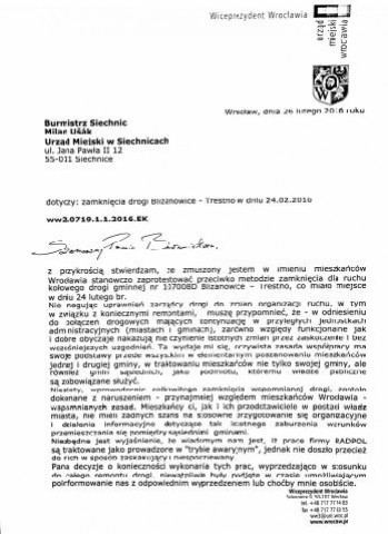 Wiceprezydent Wrocławia protestuje ws. drogi Blizanowice - Trestno - 0